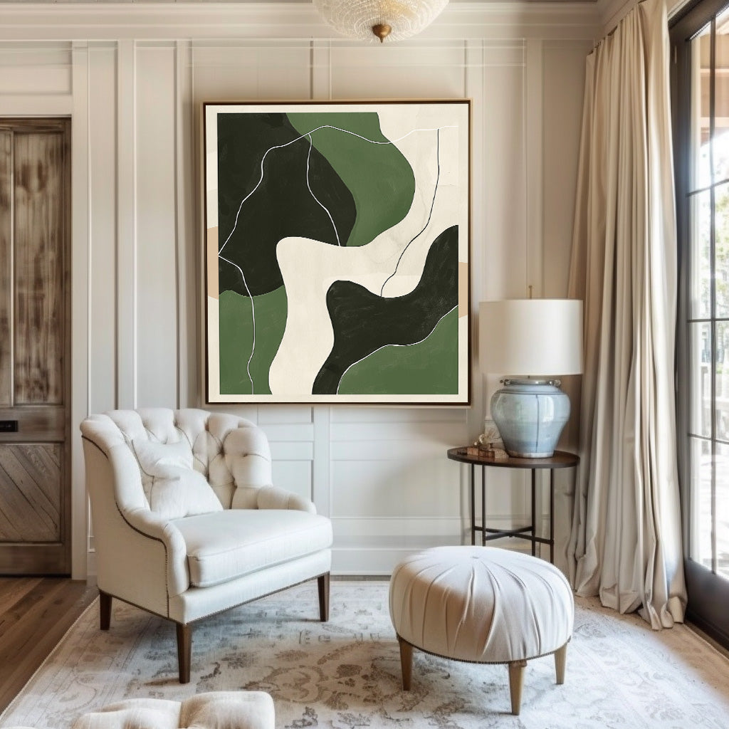 Green‑Beige‑Black Curved Contour Abstract Layered Impasto Textured Artwork
