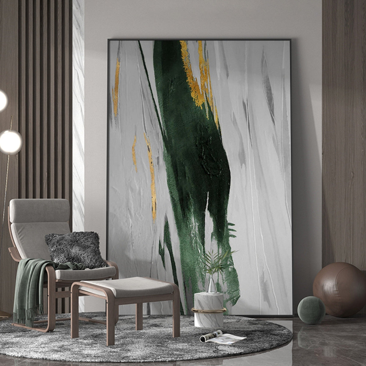 Grey‑Emerald‑Gold Vertical Streaked‑Brush Impasto‑Textured Artwork