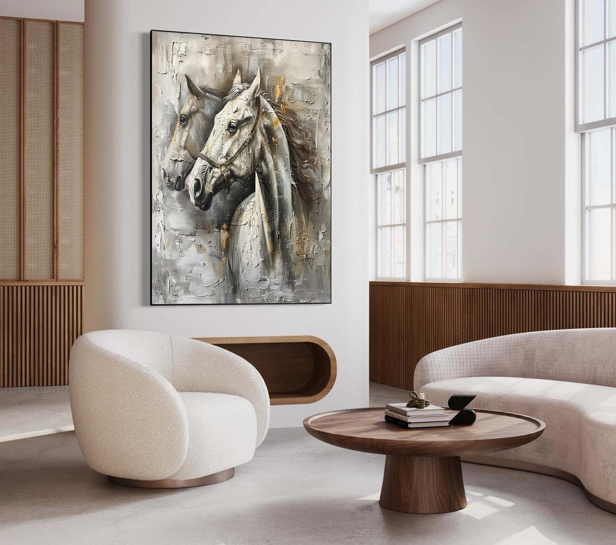 Wall Art Two White Horses Gray Gold