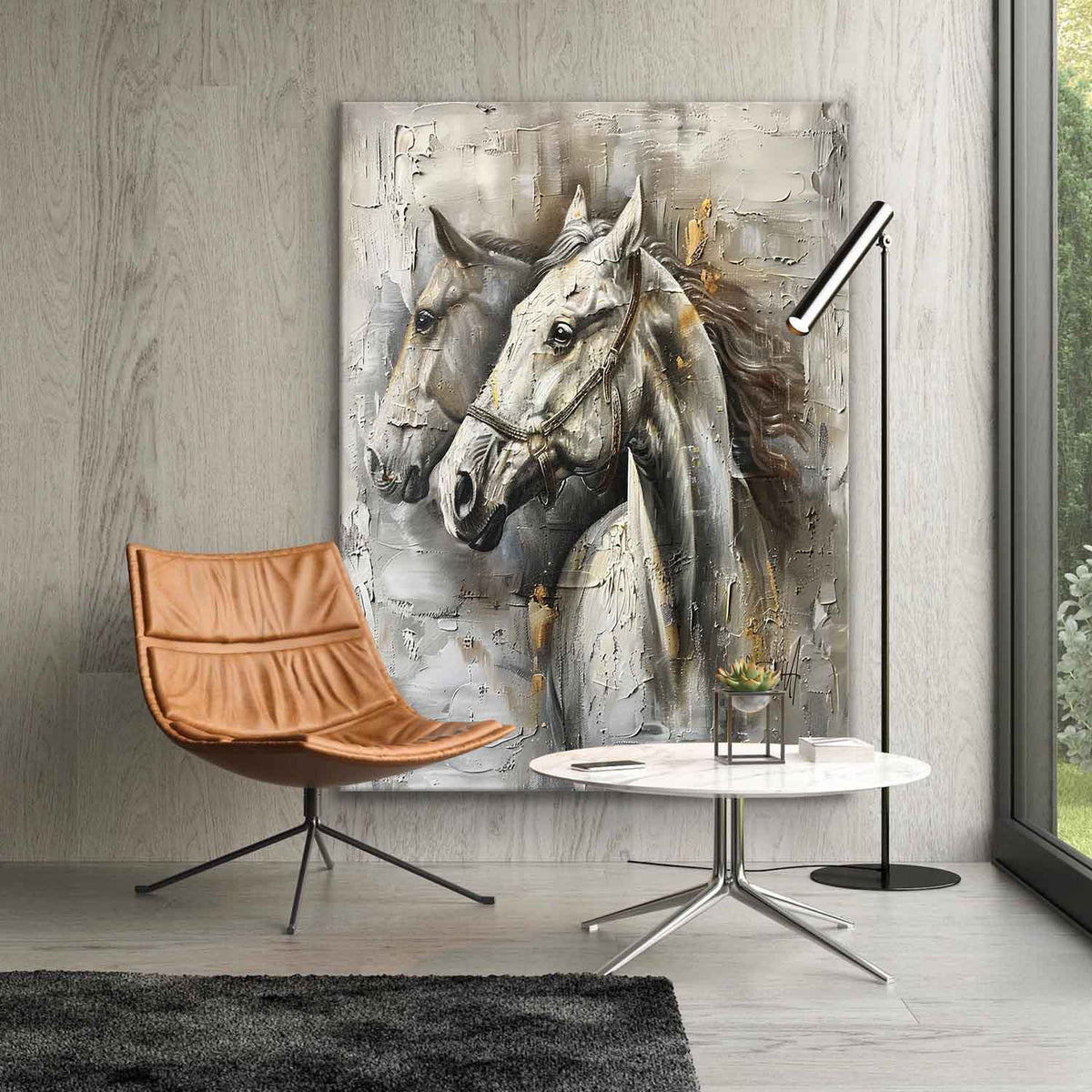 Wall Art Two White Horses Gray Gold