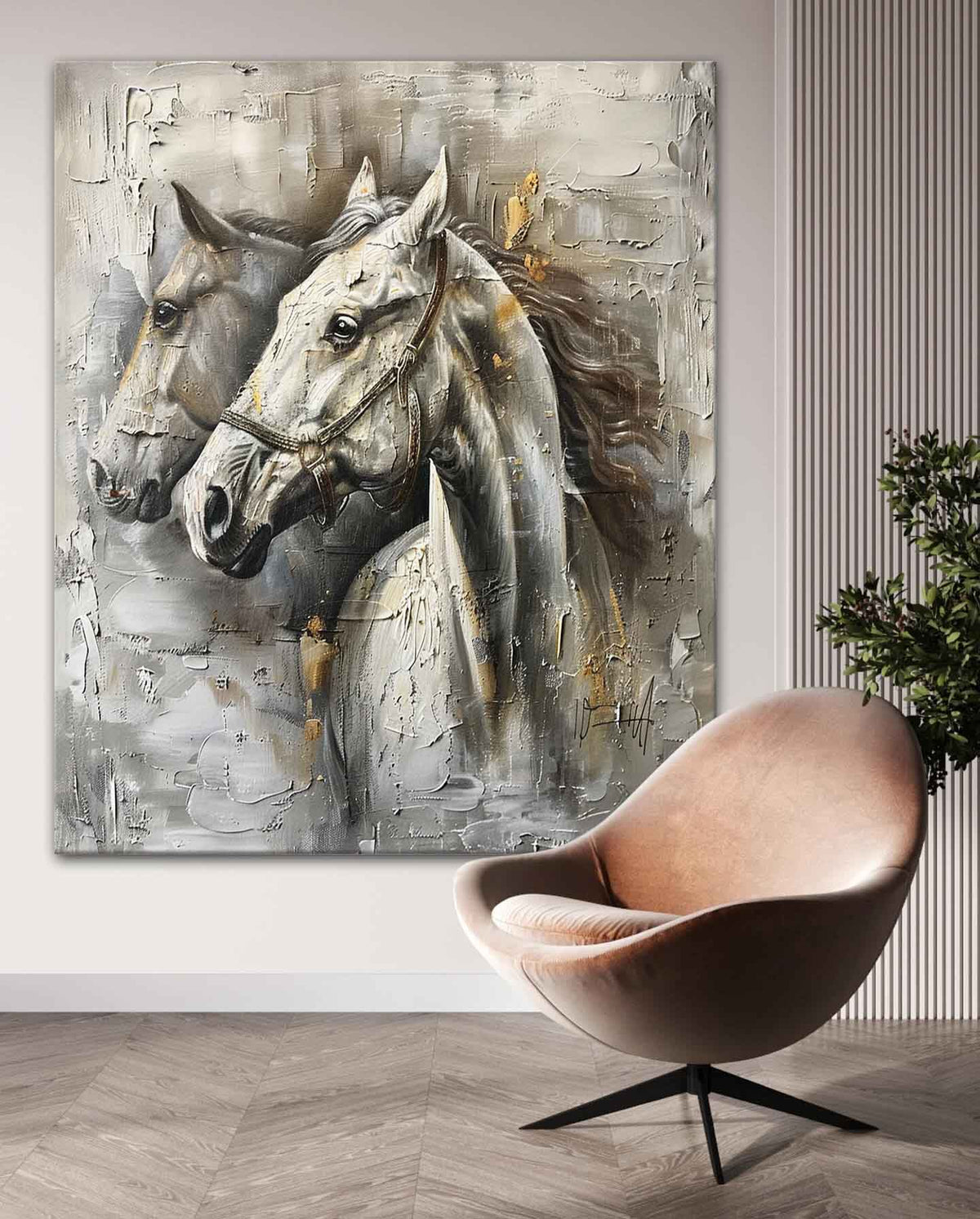 Wall Art Two White Horses Gray Gold