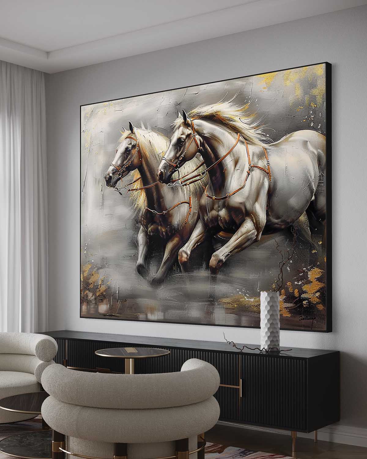 Dual Galloping Horses Oil Painting Textured Framed