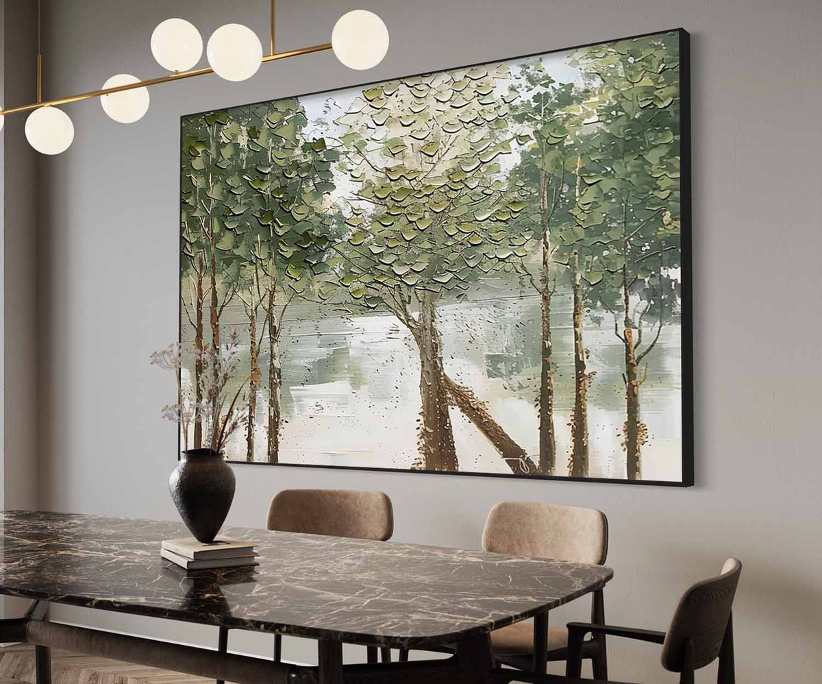 Canvas 3D Textured Lakeside Forest Landscape Painting