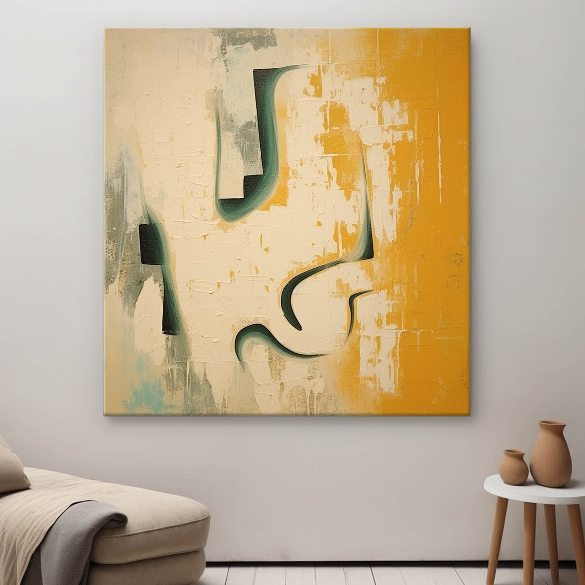 Mustard Yellow & Teal Abstract Oil Painting