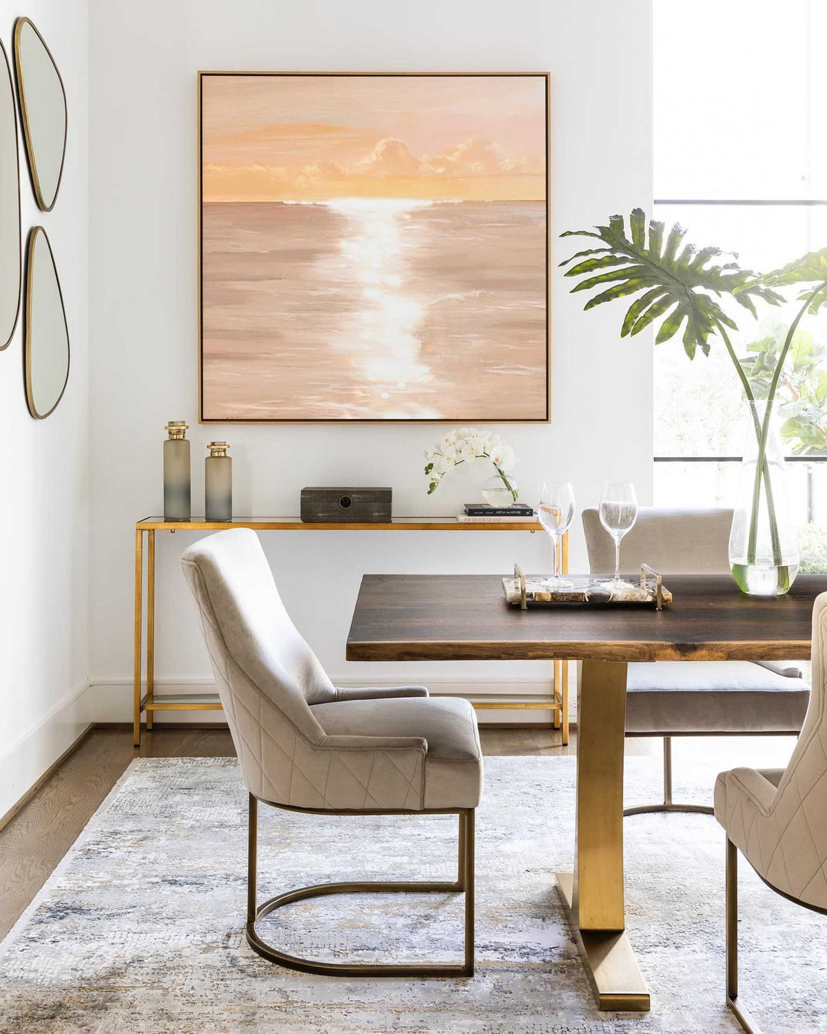 Serene Coastal Sunset Oil Painting Soft Peach