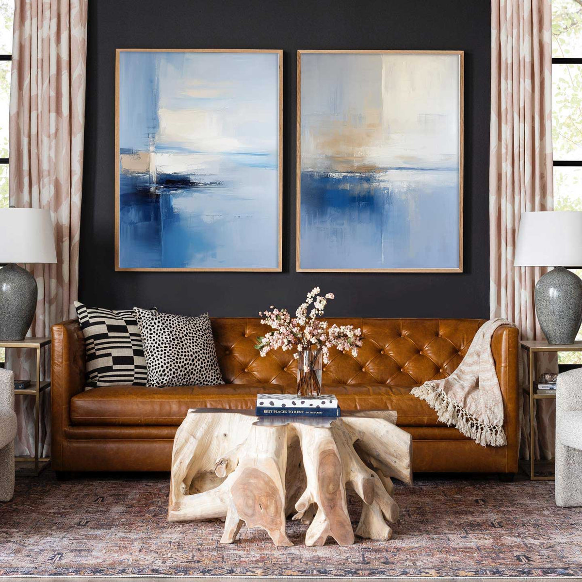 Blue Beige Abstract Ocean 2‑Piece Canvas Wall Art