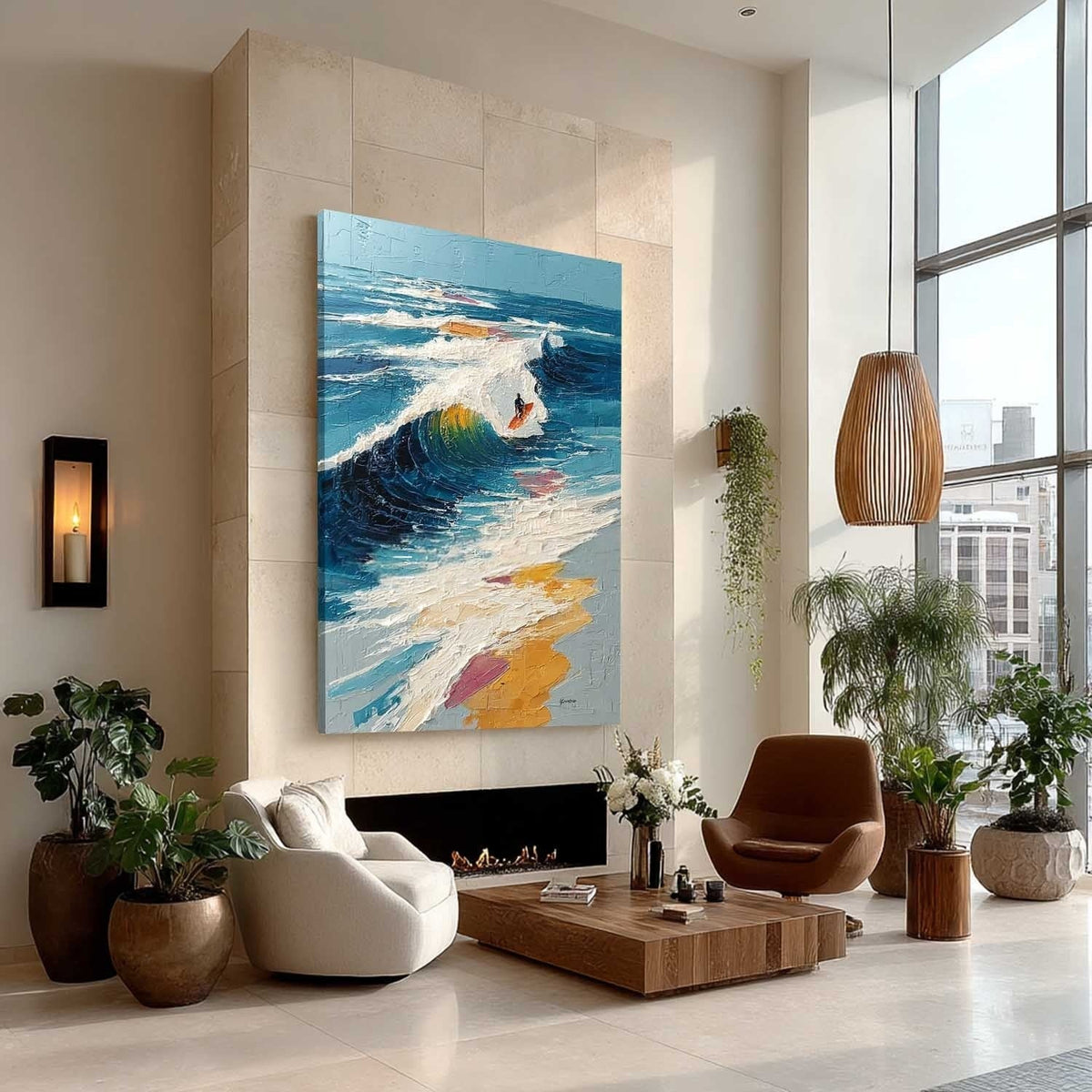 Wall Art Vertical Impressionist Surfing Scene Vivid