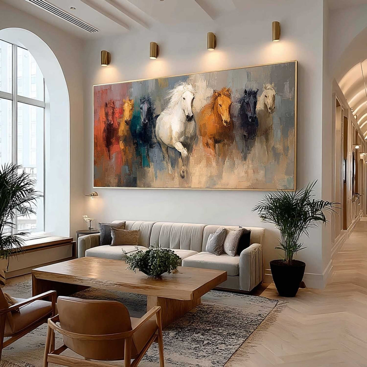Wall Art Panoramic Impressionist Galloping Horses Scene Vibrant