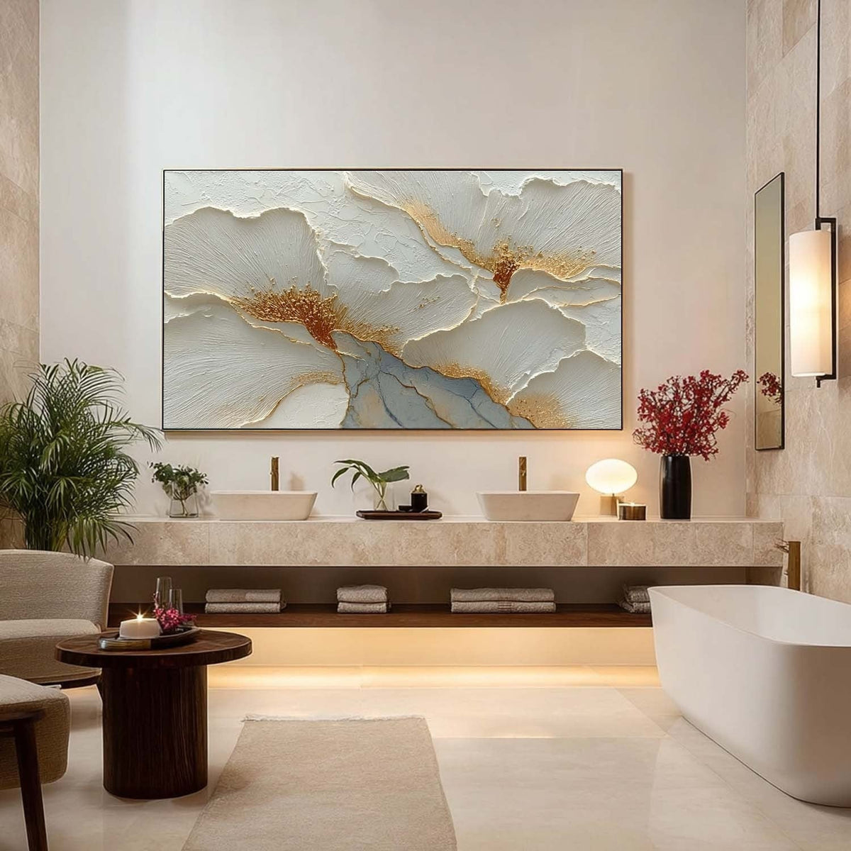 Luxury White & Gold Floral Impasto Painting