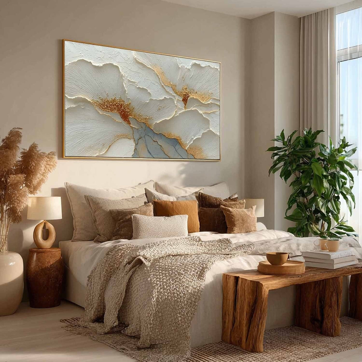 Luxury White & Gold Floral Impasto Painting