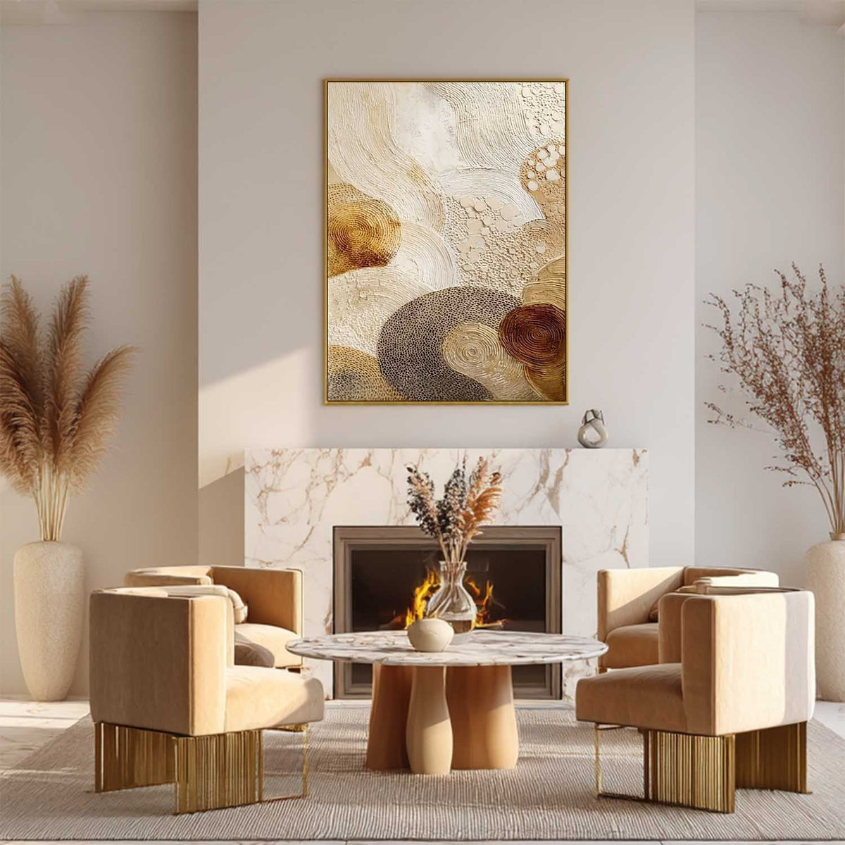 Gold Beige Abstract Circle Textured Canvas Art