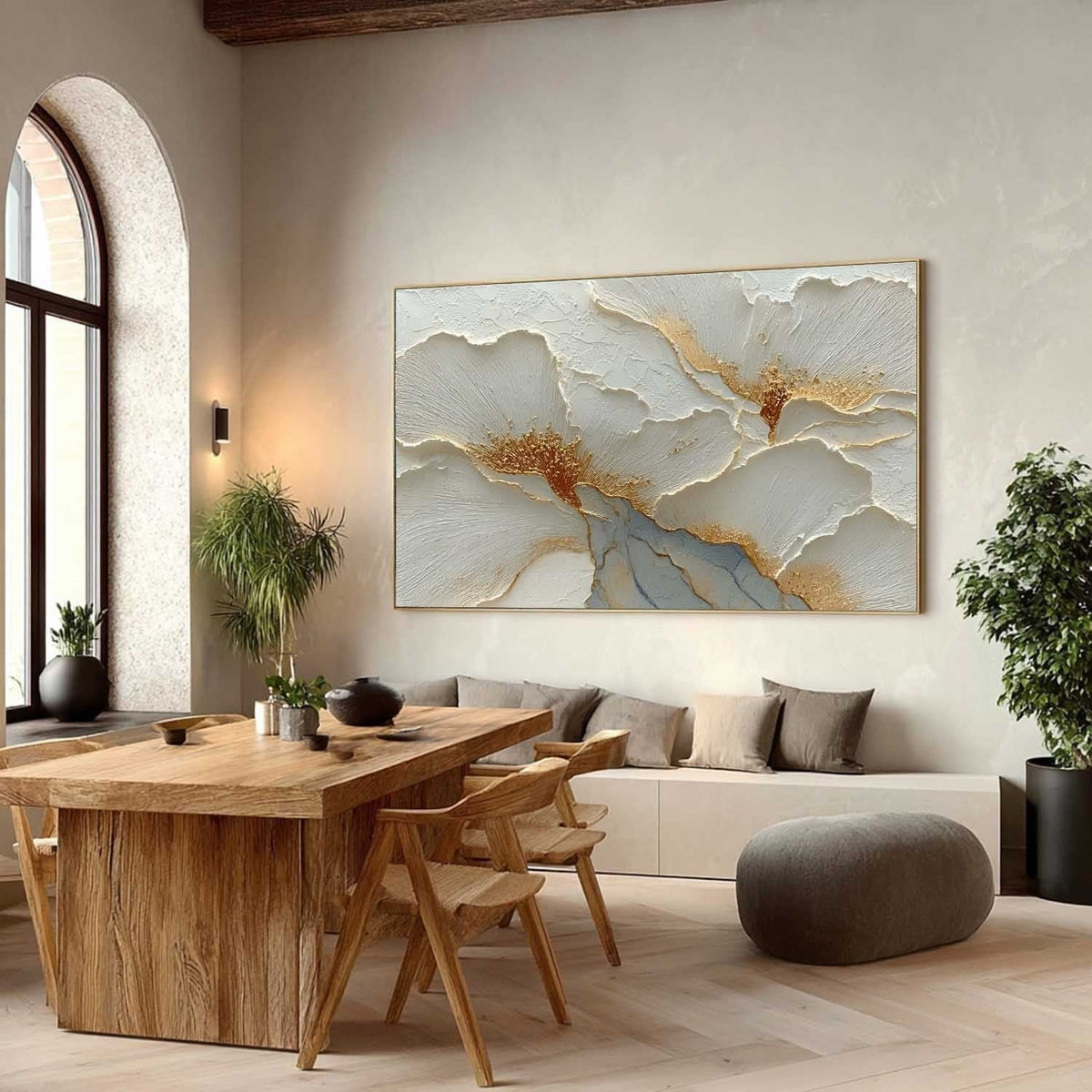 Luxury White & Gold Floral Impasto Painting