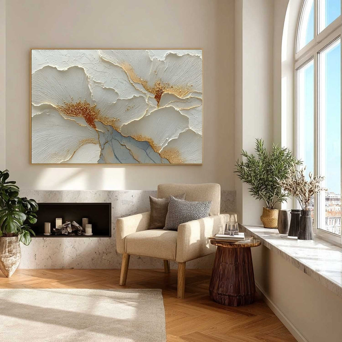 Luxury White & Gold Floral Impasto Painting