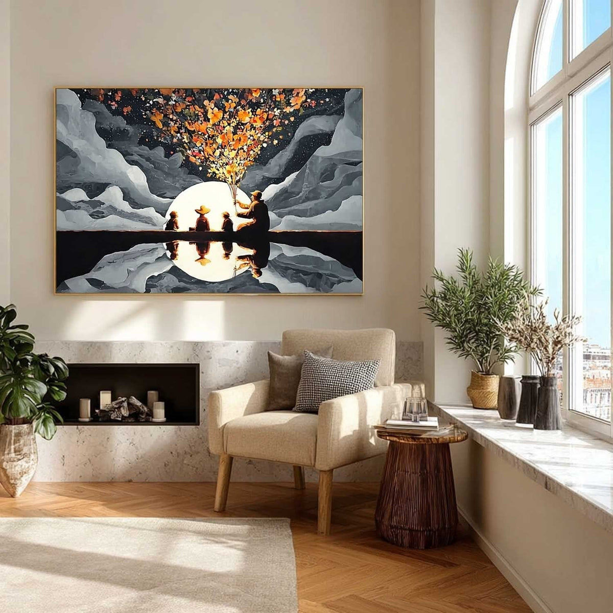 Family Silhouette Moon Art Oil Painting - Neutralighting