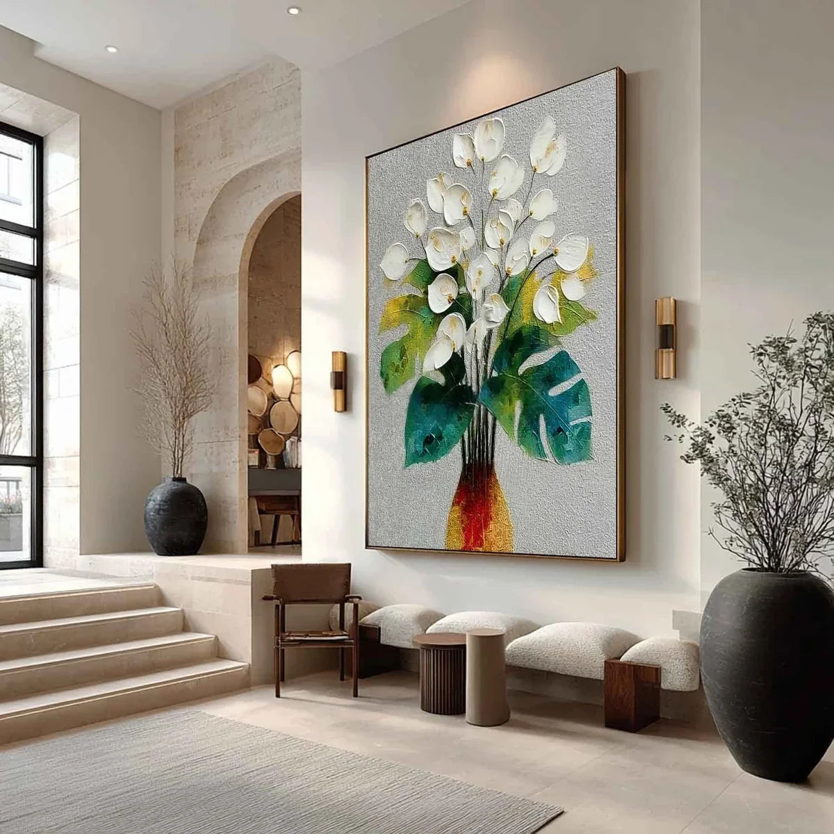 White Calla Lily Monstera Impasto Painting