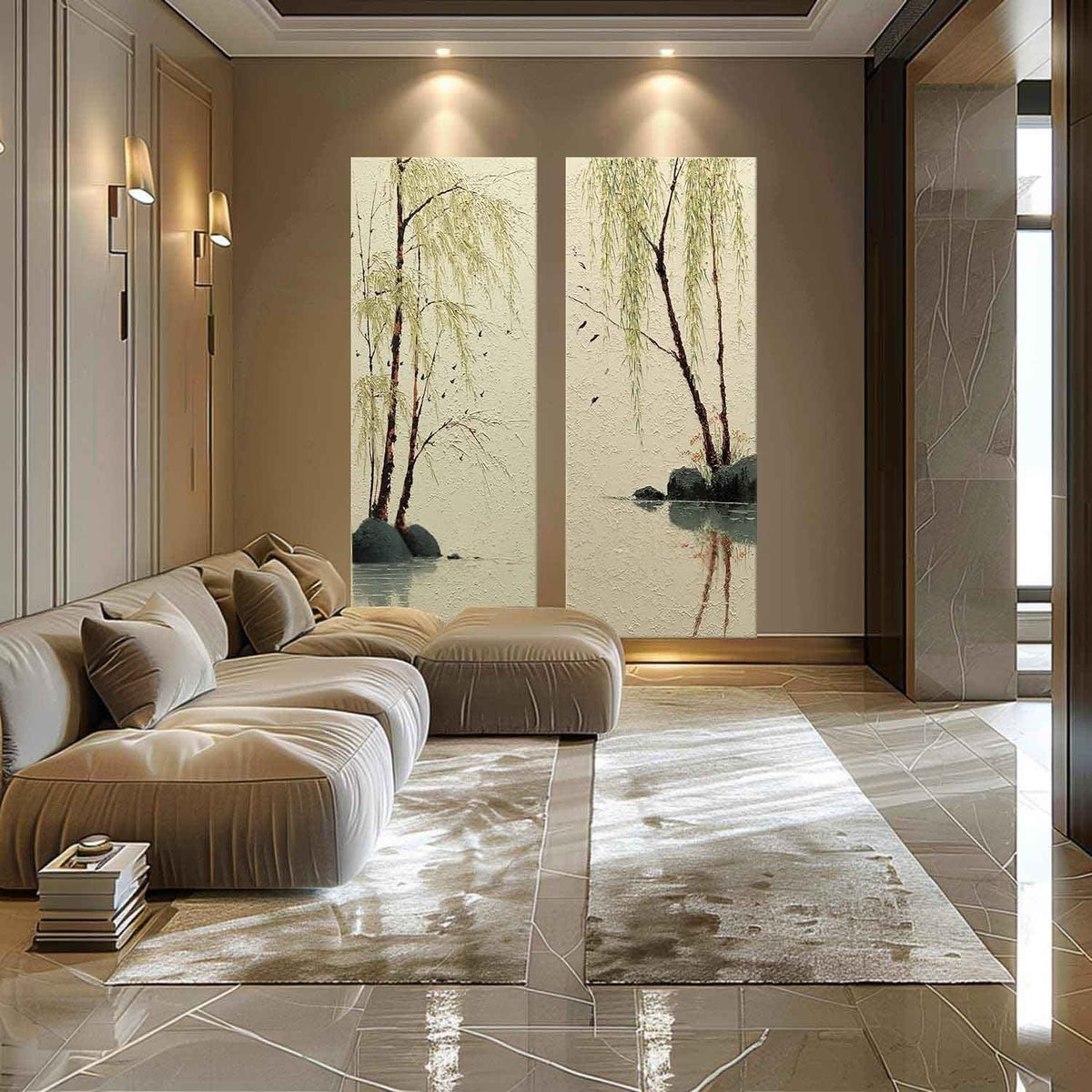 Willow Lake Diptych 3D Impasto Painting - Neutralighting