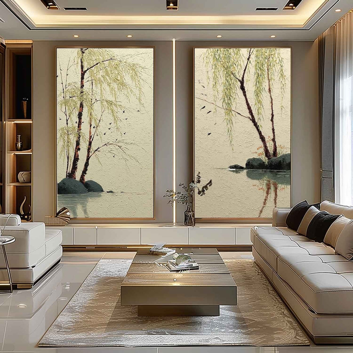 Willow Lake Diptych 3D Impasto Painting - Neutralighting