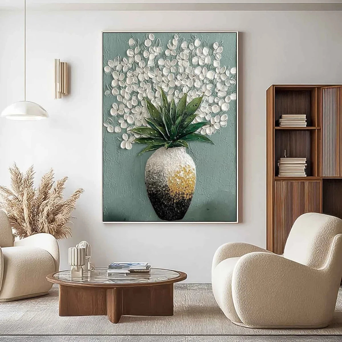 White Blossoms Ombre Vase Impasto Painting