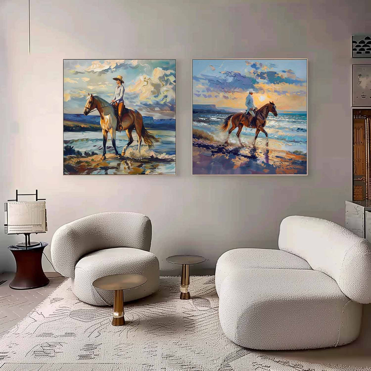 Dual Equestrian Coastal Diptych Vibrant Impasto