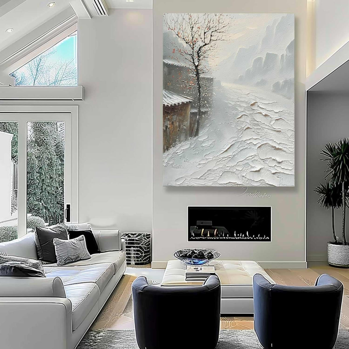 Wall Art Impasto Winter Village Neutral