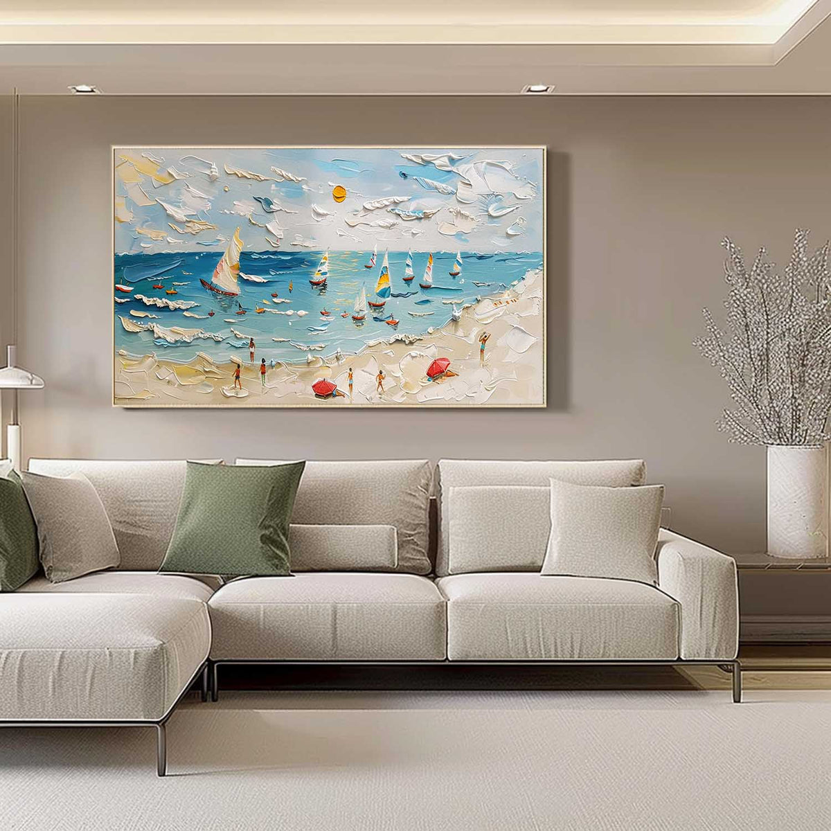 Tactile Coastal Beach Oil Painting Sailboats Bright