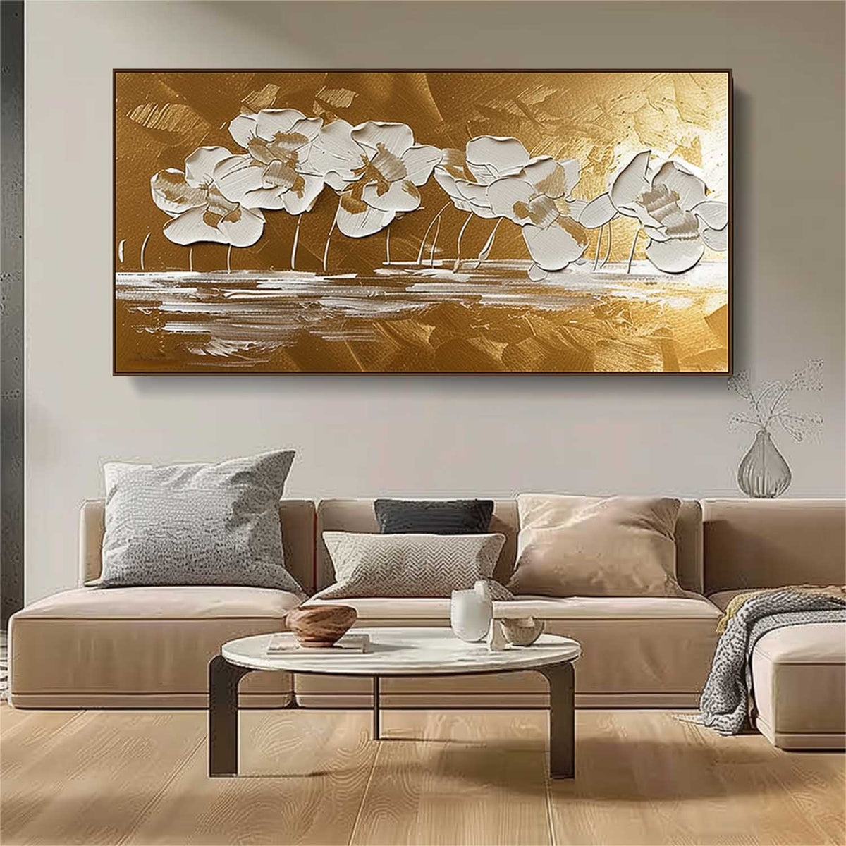 Gold & White Floral Impasto Painting