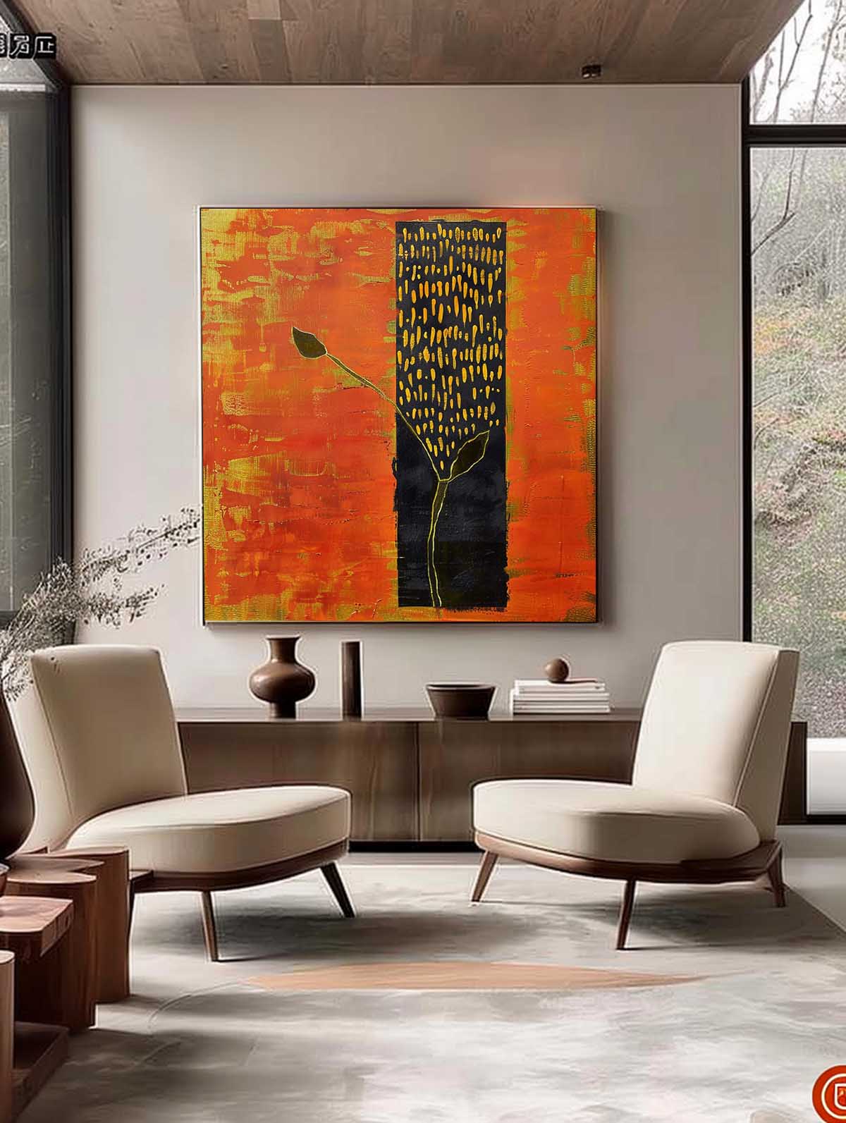 Abstract Golden Bud Orange Geometric Painting
