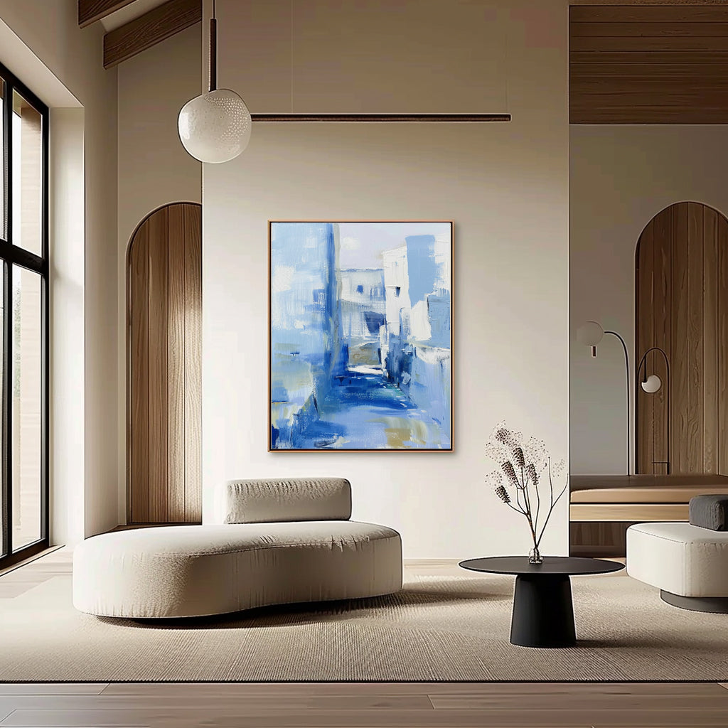 Mediterranean Alley Blue Oil Painting Textured