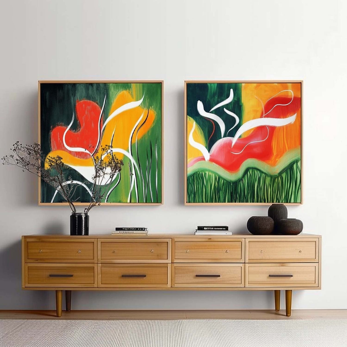 Wall Art Vibrant Abstract Floral Diptych