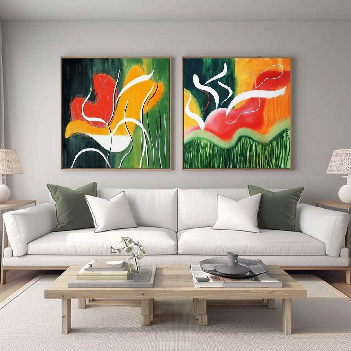 Wall Art Vibrant Abstract Floral Diptych