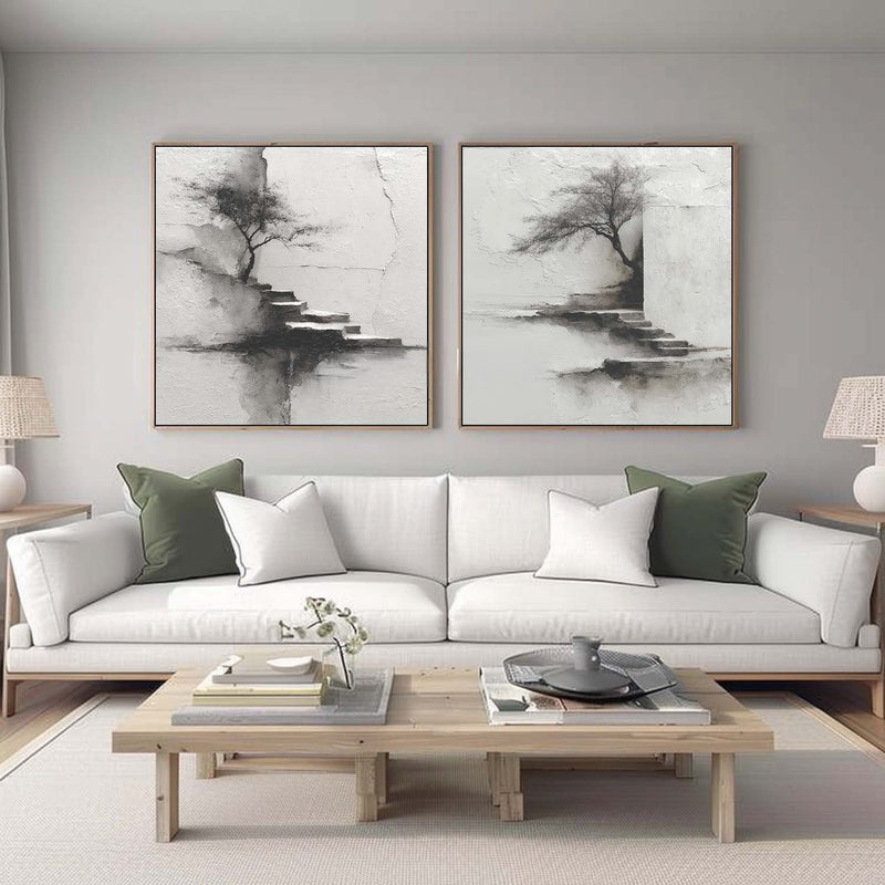 Wabi-Sabi Solitary Tree Diptych Painting