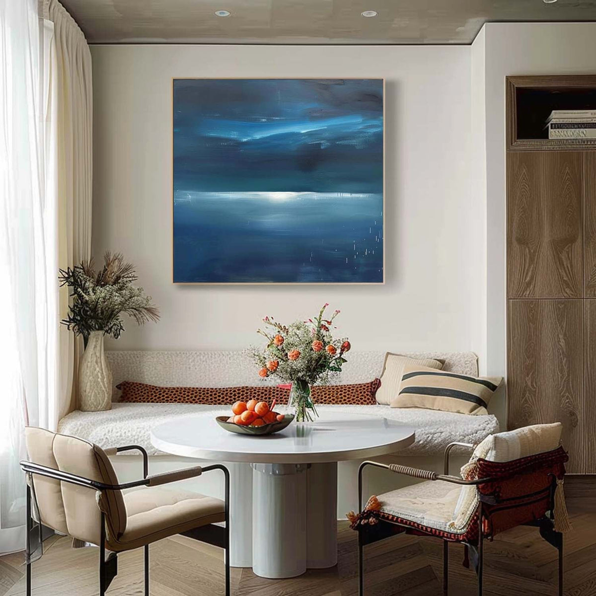 Nocturnal Coastal Landscape Painting Modern Blue Wall Art