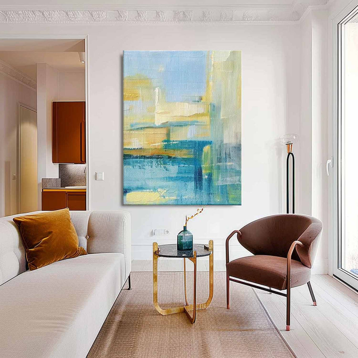 Coastal Landscape Painting Blue Yellow Modern Wall Art