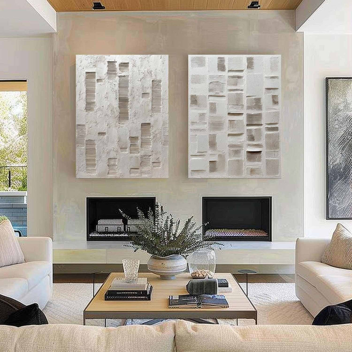 Wall Art Diptych Textured Abstract Geometric Scene Serene Neutral