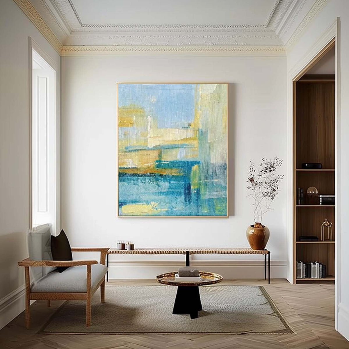 Coastal Landscape Painting Blue Yellow Modern Wall Art