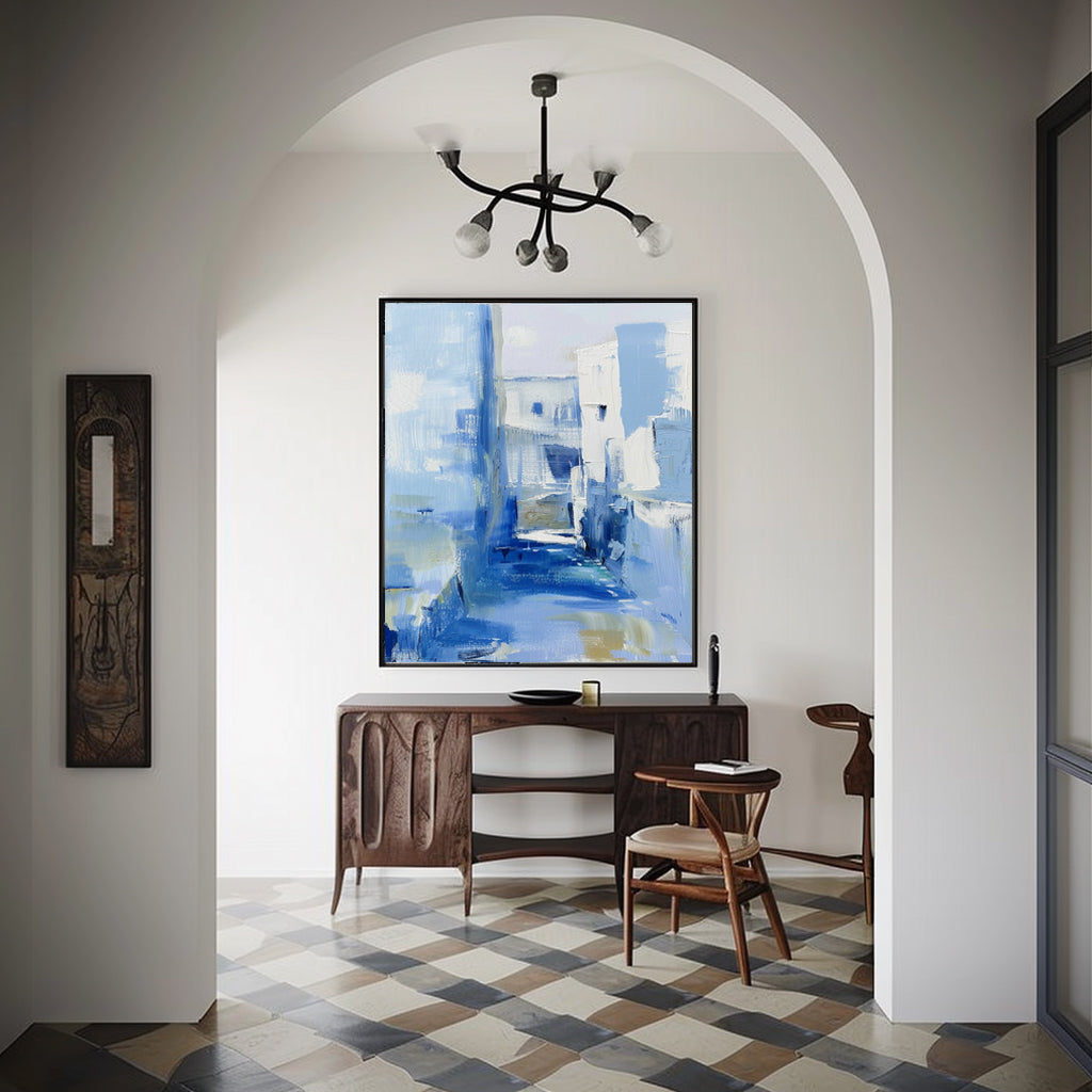 Mediterranean Alley Blue Oil Painting Textured