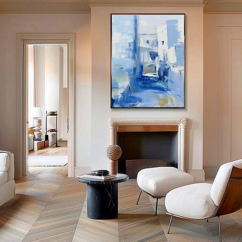 Mediterranean Alley Blue Oil Painting Textured
