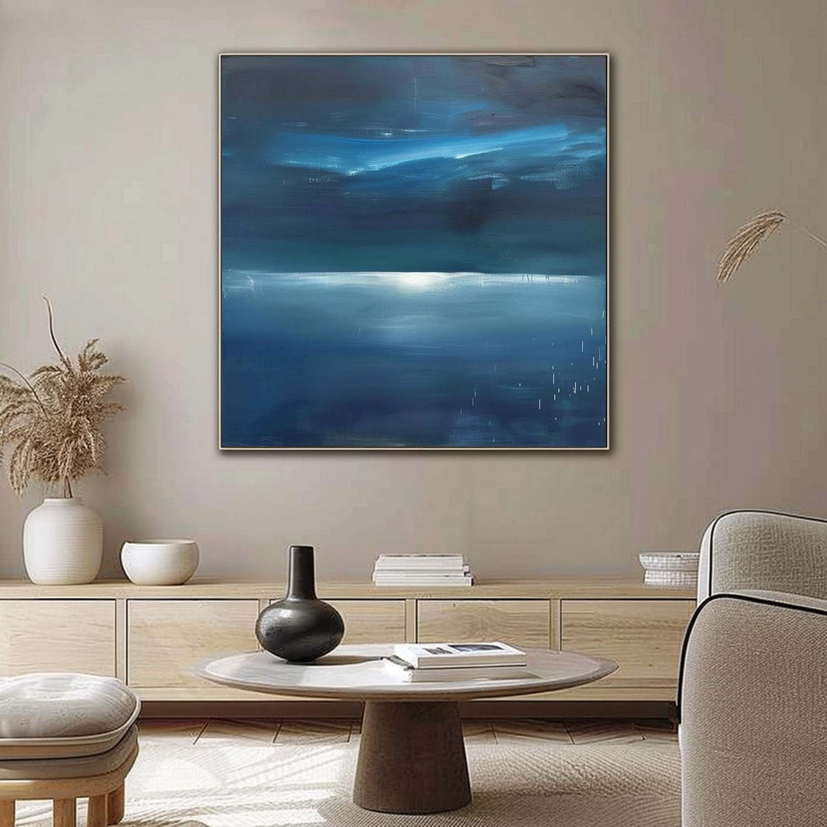 Nocturnal Coastal Landscape Painting Modern Blue Wall Art