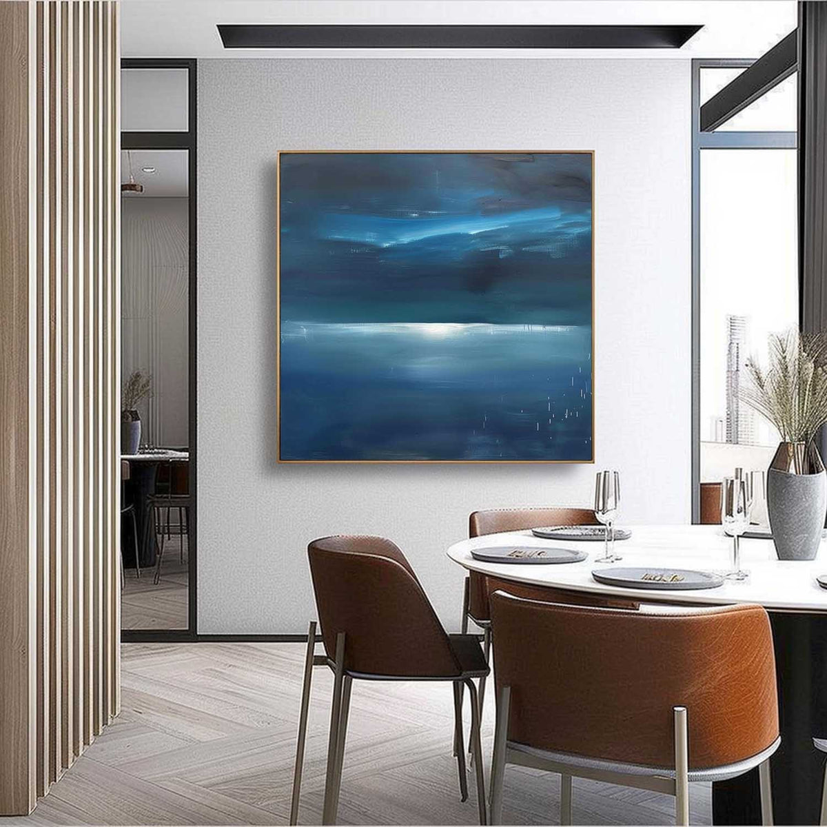 Nocturnal Coastal Landscape Painting Modern Blue Wall Art