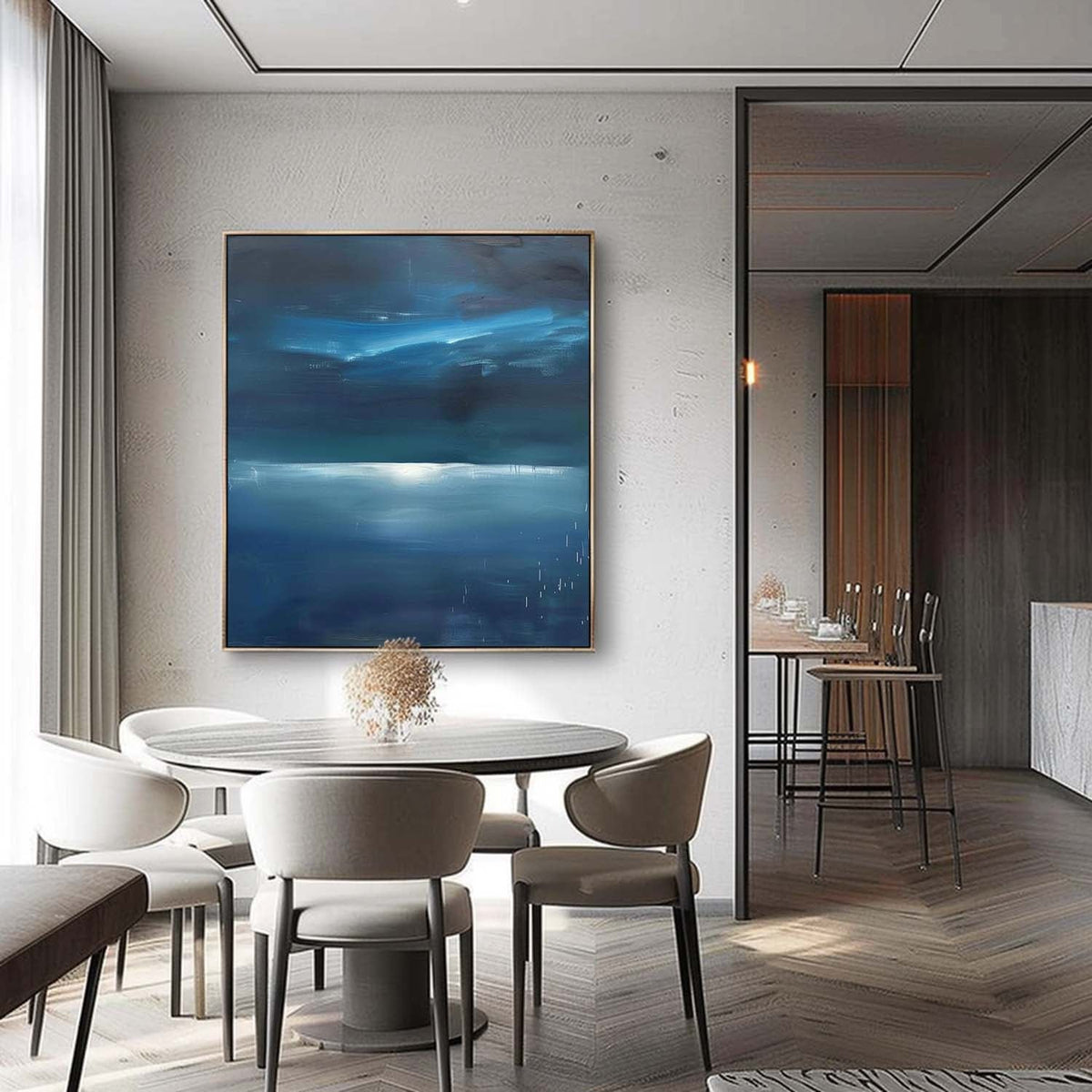 Nocturnal Coastal Landscape Painting Modern Blue Wall Art