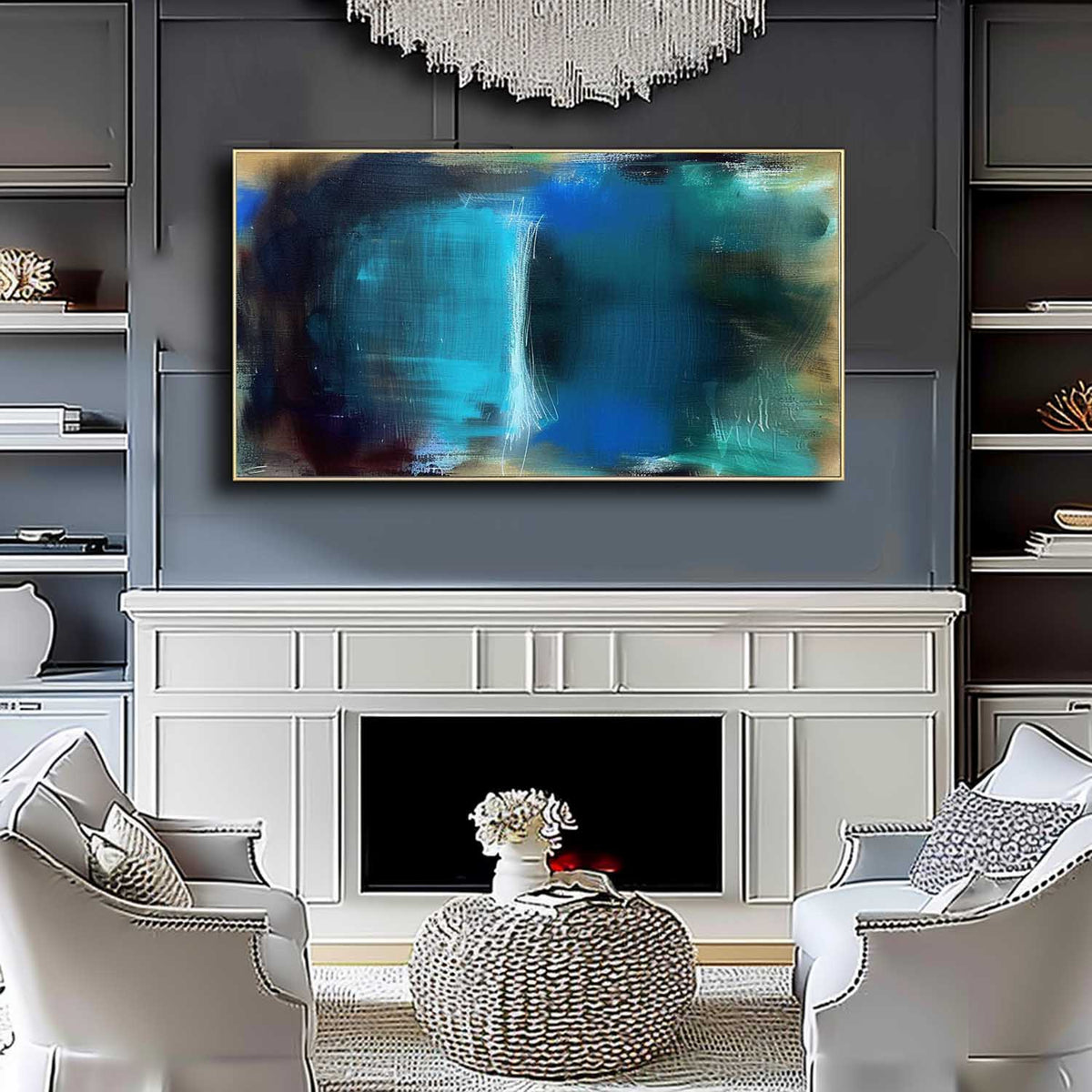 Teal Blue Abstract Oil Painting Textured Strokes