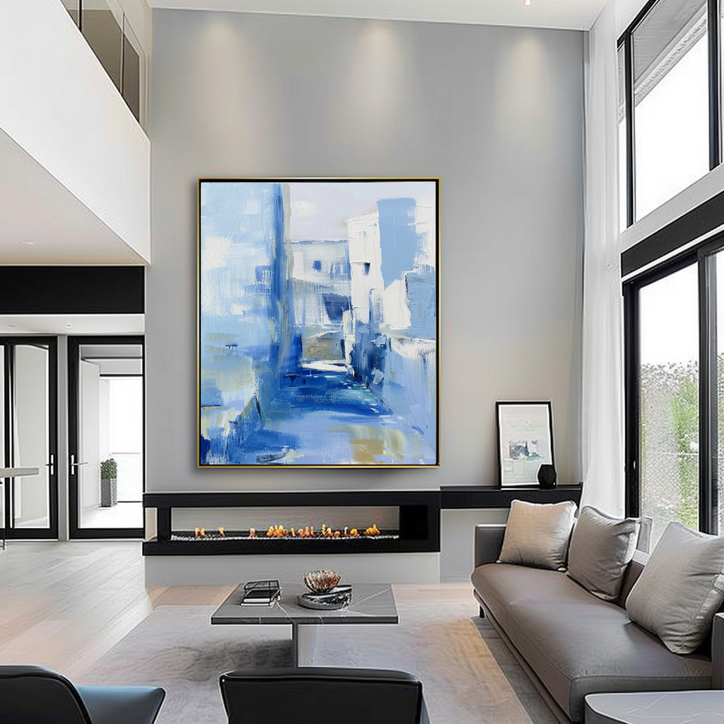 Mediterranean Alley Blue Oil Painting Textured