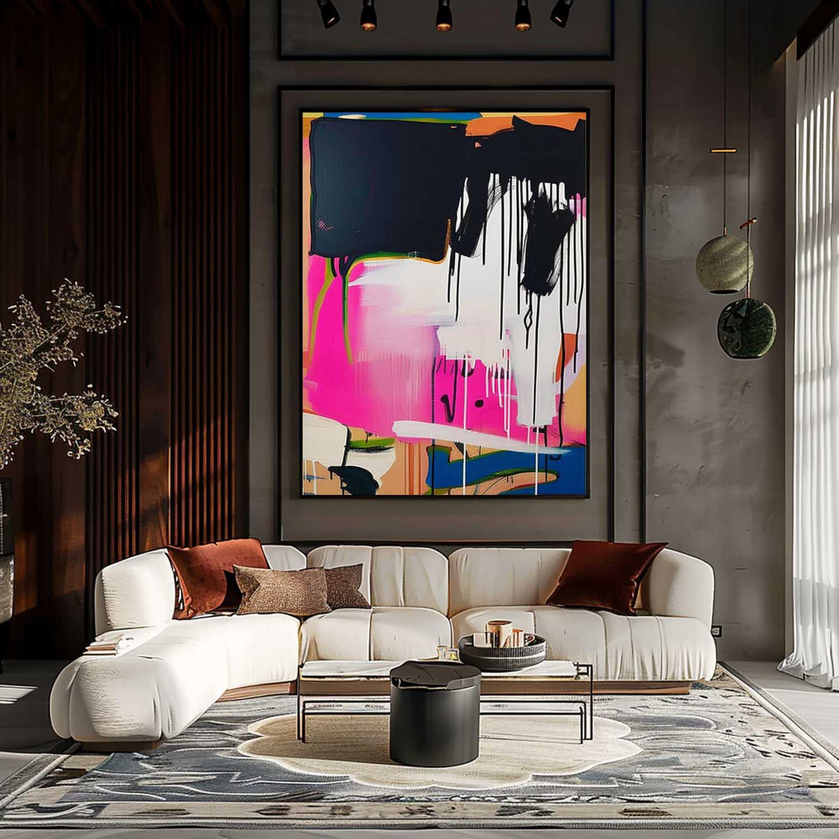Pink & Black Drip Abstract Painting