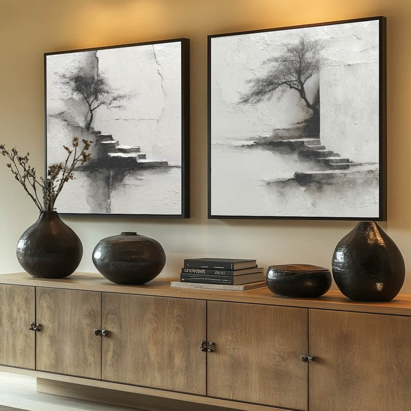 Wabi-Sabi Solitary Tree Diptych Painting