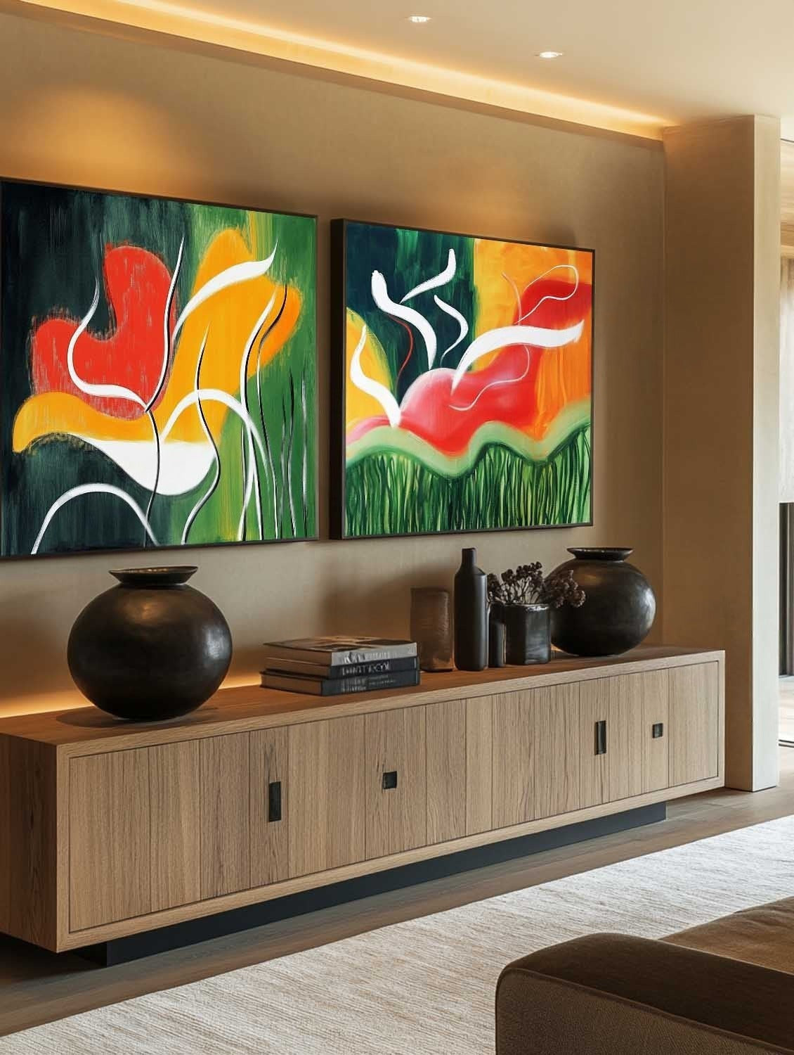 Wall Art Vibrant Abstract Floral Diptych