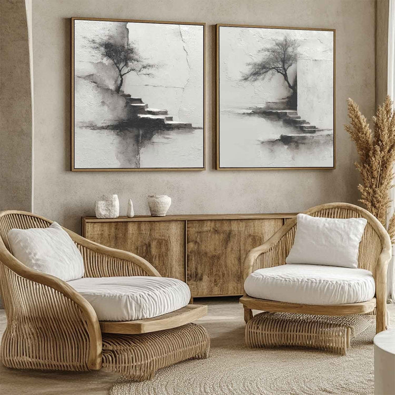 Wabi-Sabi Solitary Tree Diptych Painting