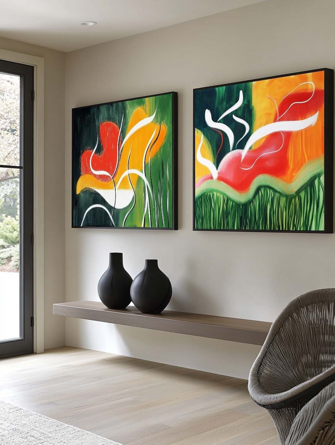 Wall Art Vibrant Abstract Floral Diptych