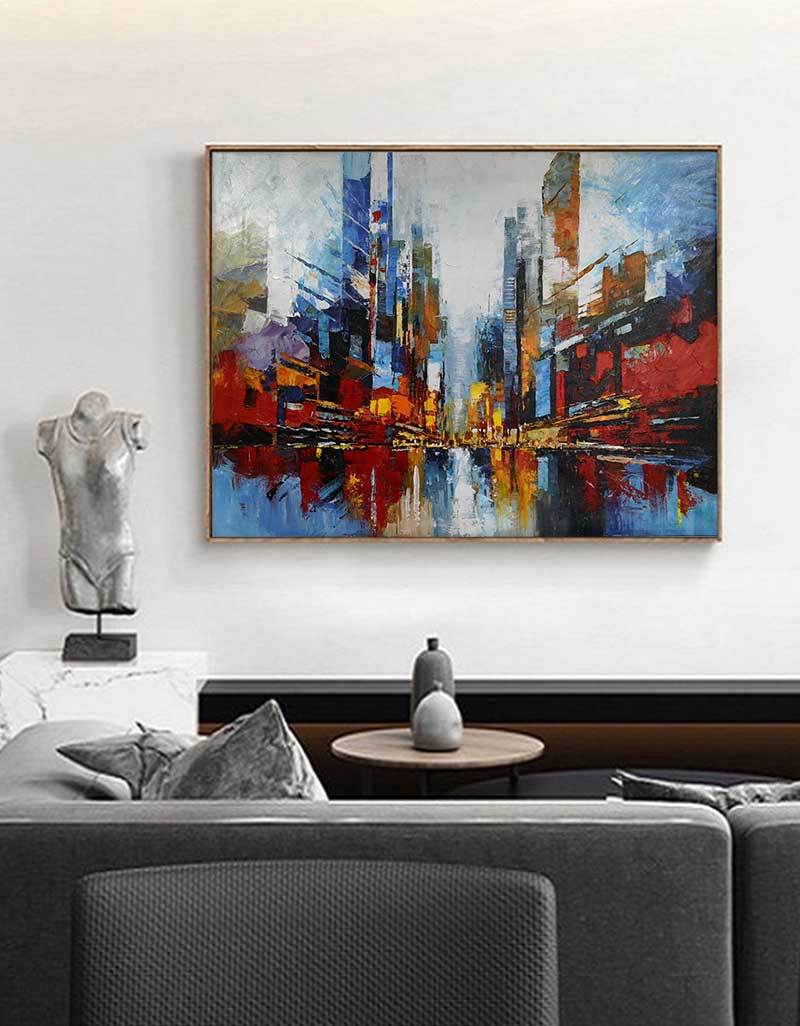 Vibrant City Skyline Reflection Abstract Painting
