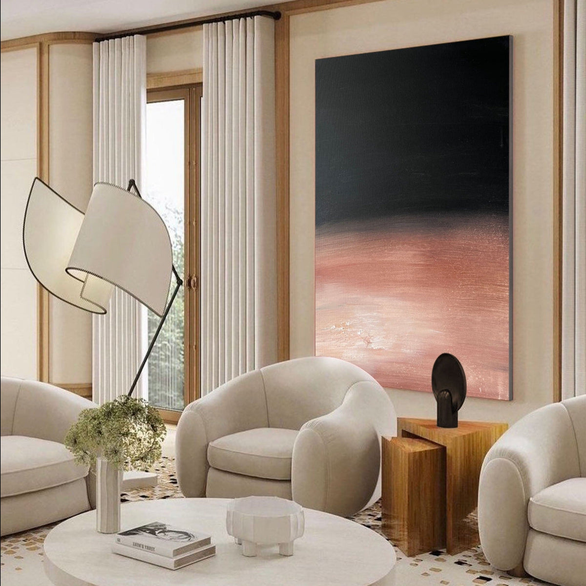 Modern Black Rose Gold Abstract Linen Art