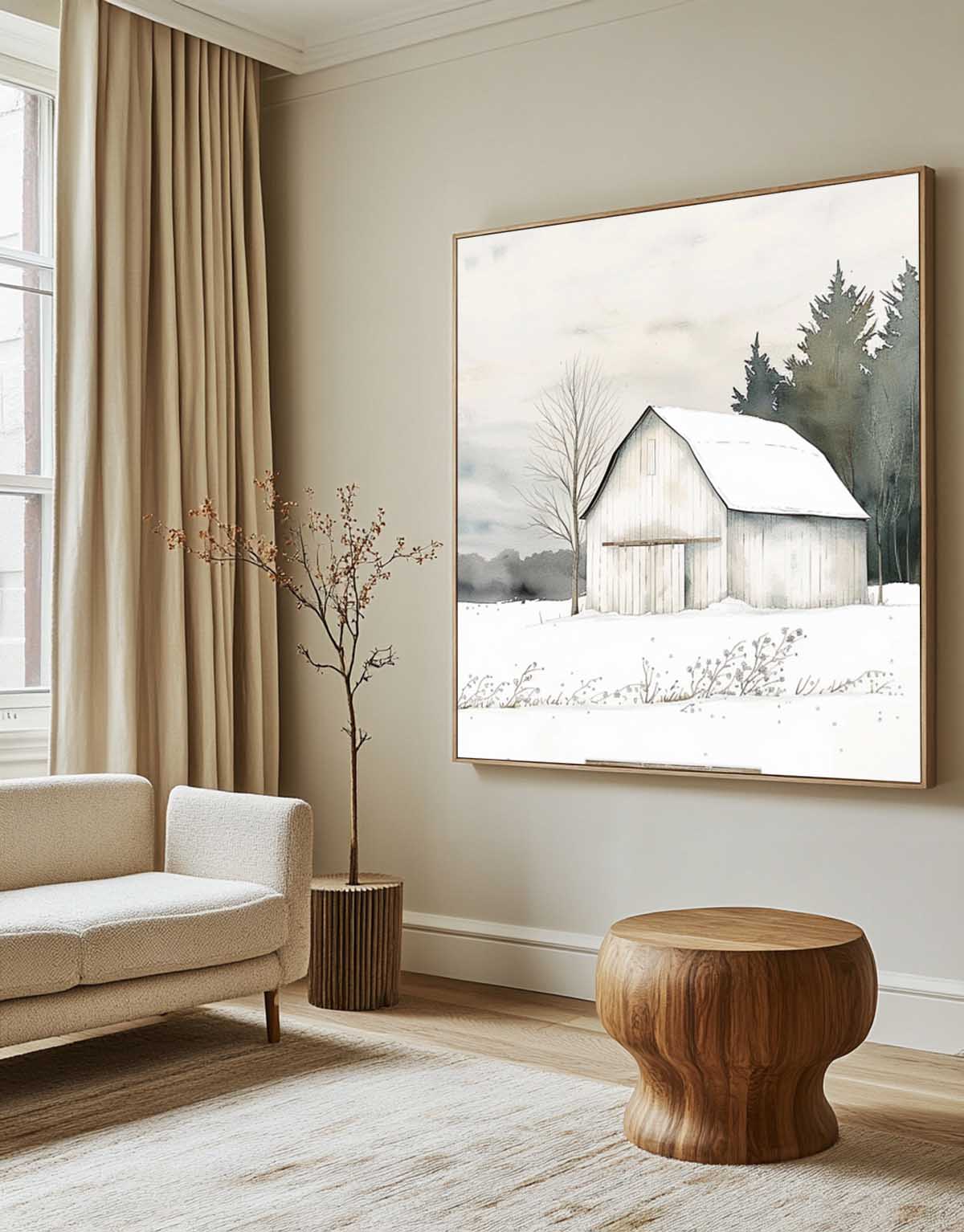 Rustic Winter Barn Watercolor Painting